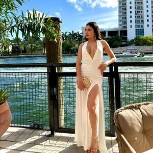 White Halter Slit Maxi Dress for Resort Wear
